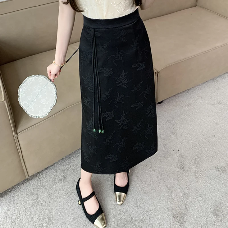 

Chinese Style Women Vintage Midi Skirts 2024 New Spring Summer Elegant Tassel High Waist Slit Long Skirts Ladies Fashion Skirts