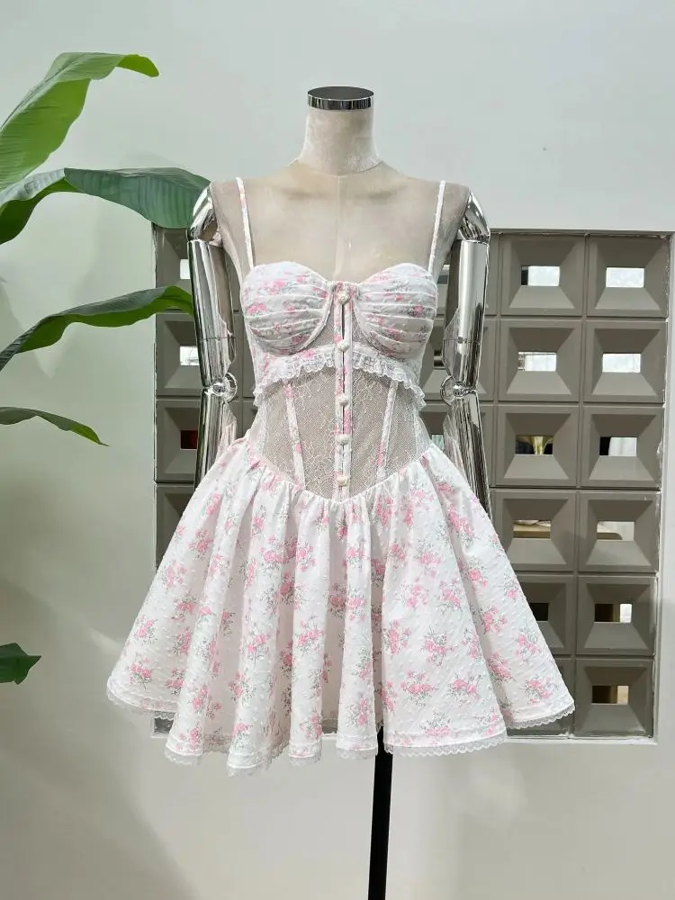 꽃 프린트 드레스 레이스 백리스 플록 패치 워크 컷 아웃 본드 장착 코르셋 여성 패션 파티 칵테일 드레스 여름 신작