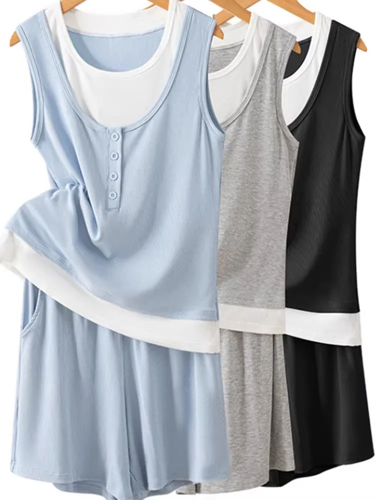 Sleeveless Tank Top Shorts Pajama Set for Women Homewears Plus Size Contrasting color fake two-piece Loungewear