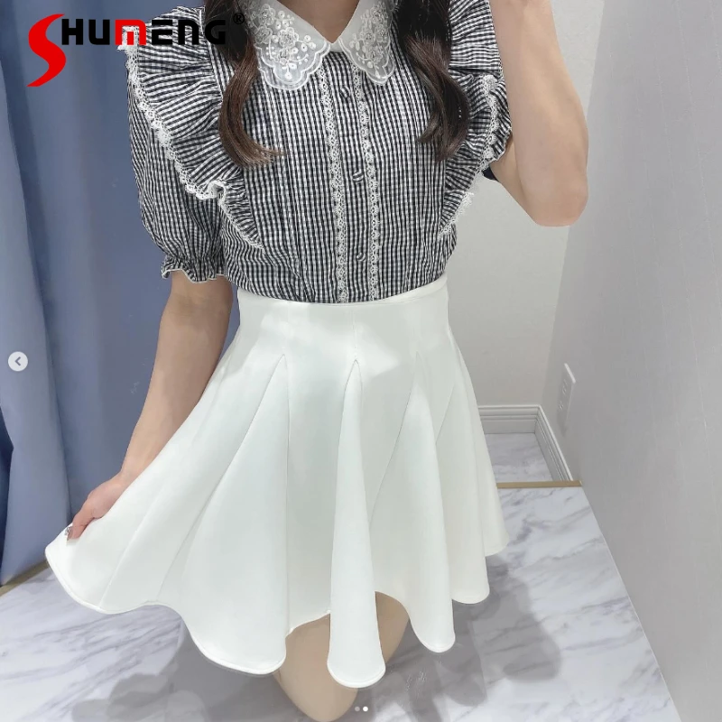 

Japanese Lolita Style Sweet A-line Splicing Umbrella Skirt High Waist Slimming Simple Large Swing Skirt Solid Color Mini Skirts