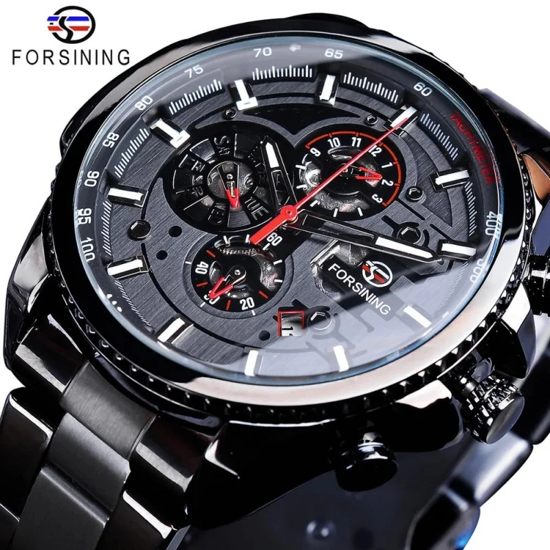 Official brand of free shippingThree-Plate Sports Wind Automatic Mechanical Strap Calendar Men's Luminous Black Stainless Steel