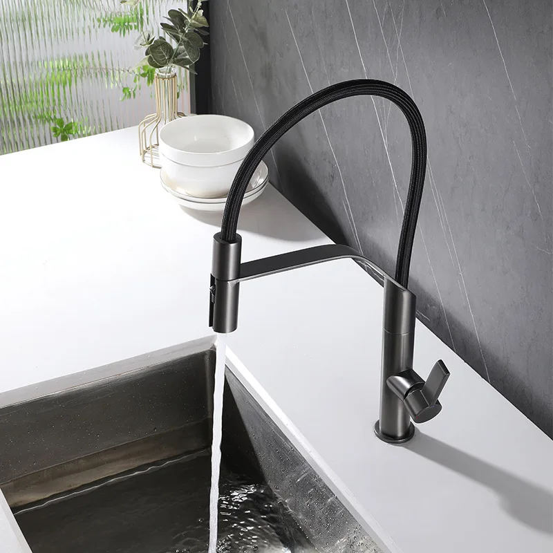 Newest High Quality Brass Gun Grey Kitchen sink faucet Pull Down Hot cold water Kitchen Tap One Hole Single Handle Modern Design