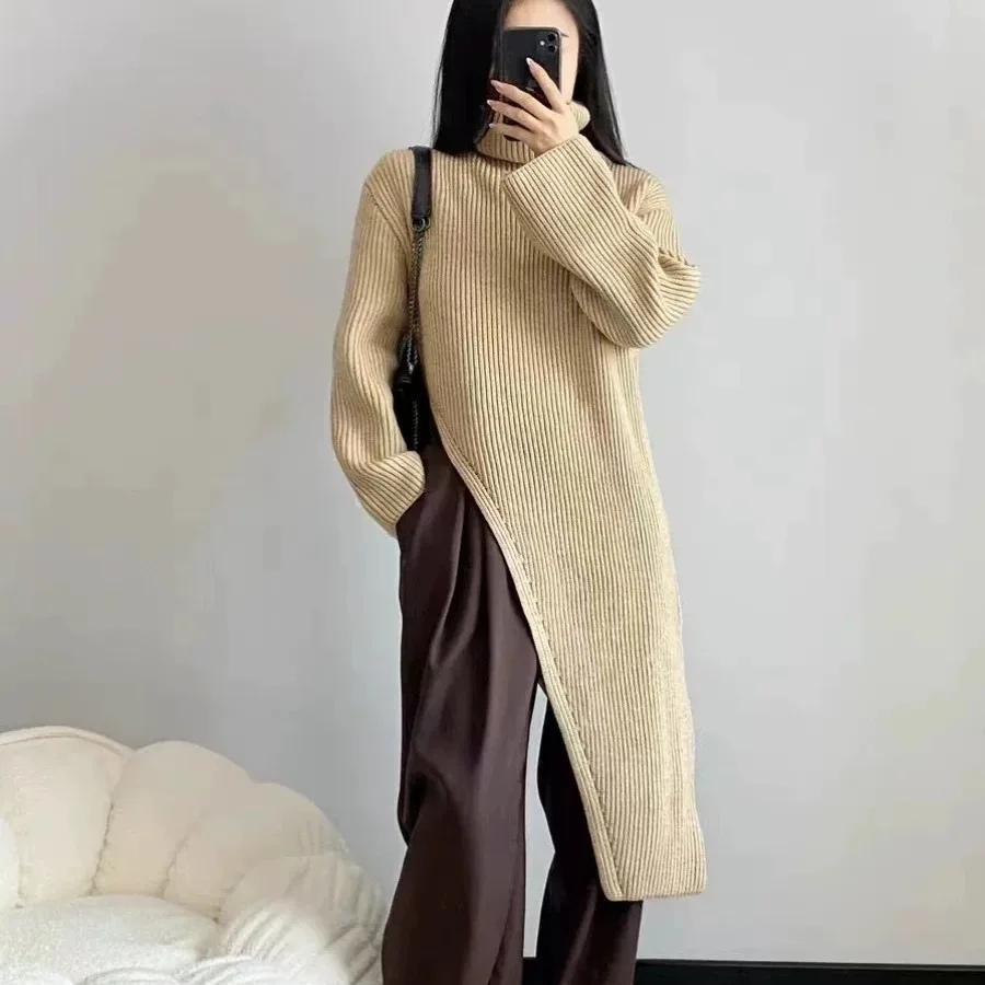 High Neck Slit Sweater Women\'s Autumn And Winter Loose Long Sleeved Mid Length Cross Knee Knitted Dress