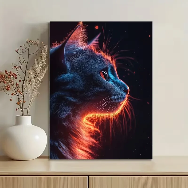 1pc Modern Abstract Blue & Orange Cat Painting - Glowing Trails Framed/Frameless Canvas Wall Art, 12x16 Inch (30x40cm) - Dark Ba