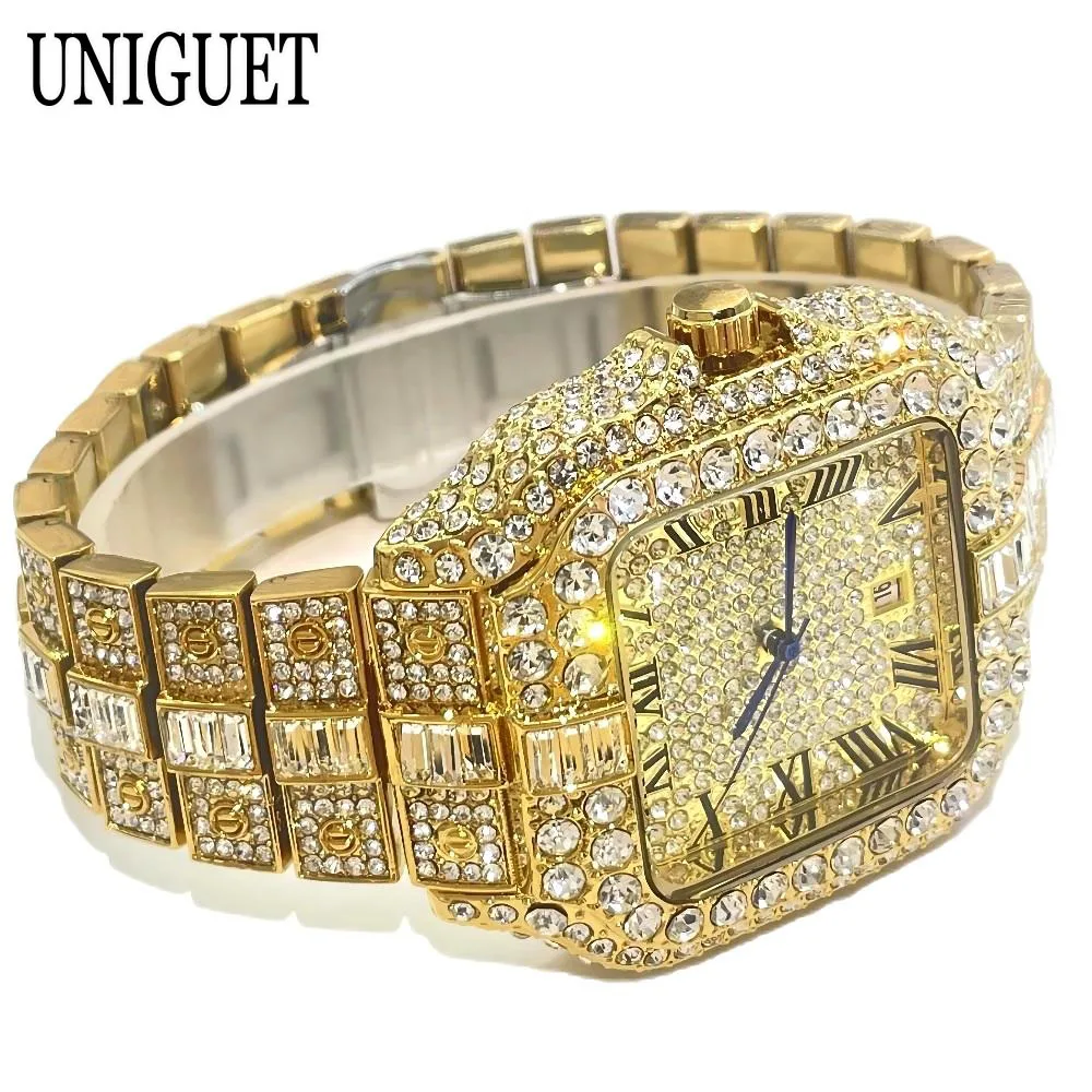 2024 New UNIGUET Iced Out Watch For Men Fashion Bling Jewelry Quartz Watches Male Hip Hop Diamond Square Wristwatch Dropshipping