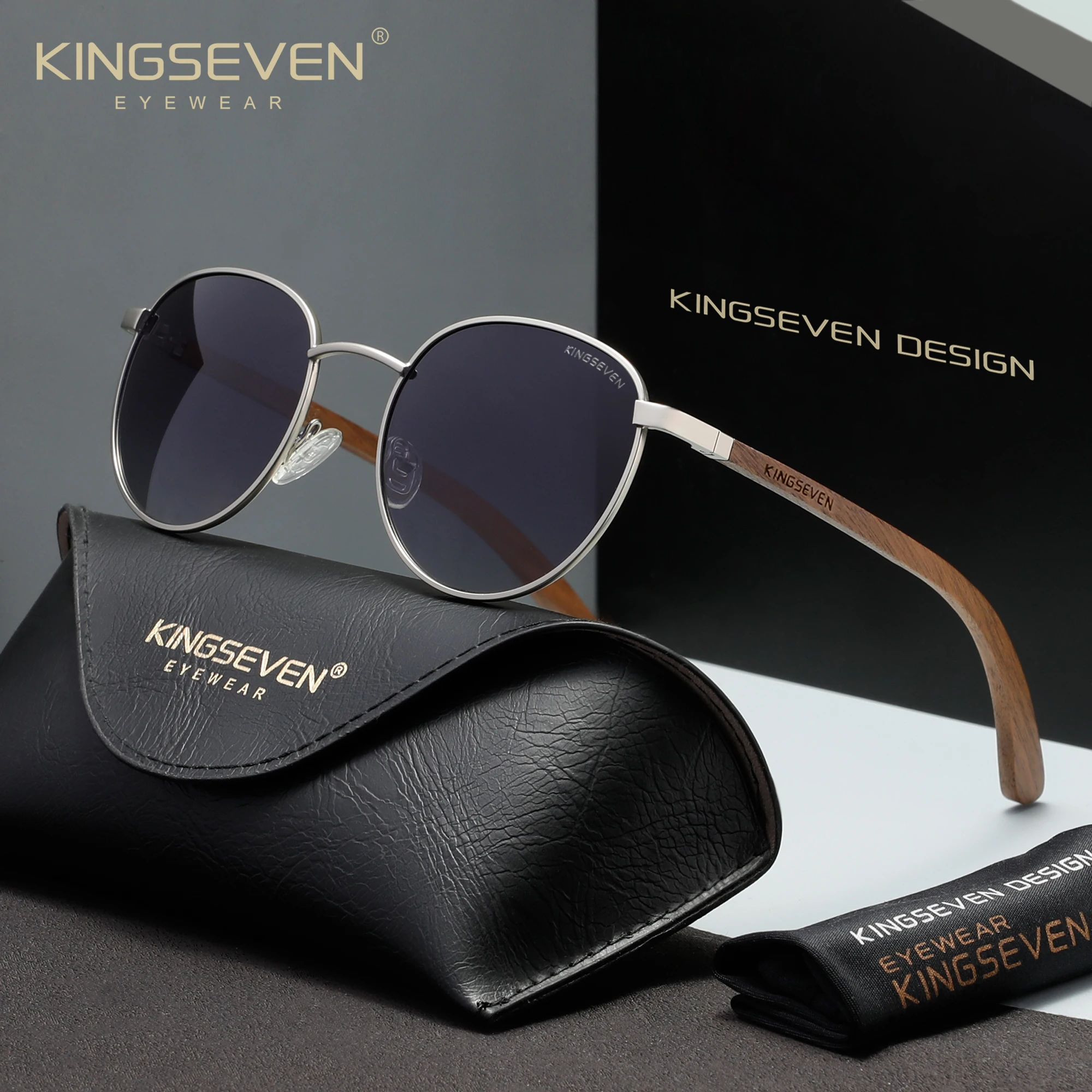 KINGSEVEN Retro Wooden Sunglasses Polarized Men Women Fashion Glasses UV400 Outdoor Driving Walnut Luxury Eyewear Round Frames