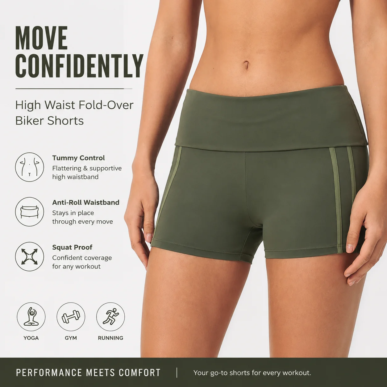Women's High Waist Fold-Over Side Double Stripe Biker Shorts Tummy Control Yoga Shorts with Anti-Roll Waistband Squat Proof Gym