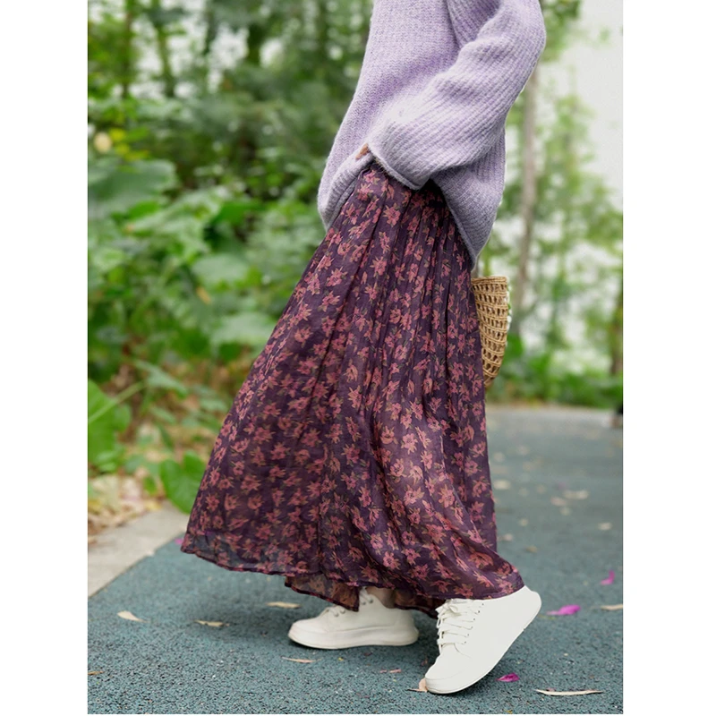2025 New Arrival Autumn Women Loose Casual Vintage Floral Print A-line Skirt All-matched Elastic Waist Ankle-length Skirts Y184