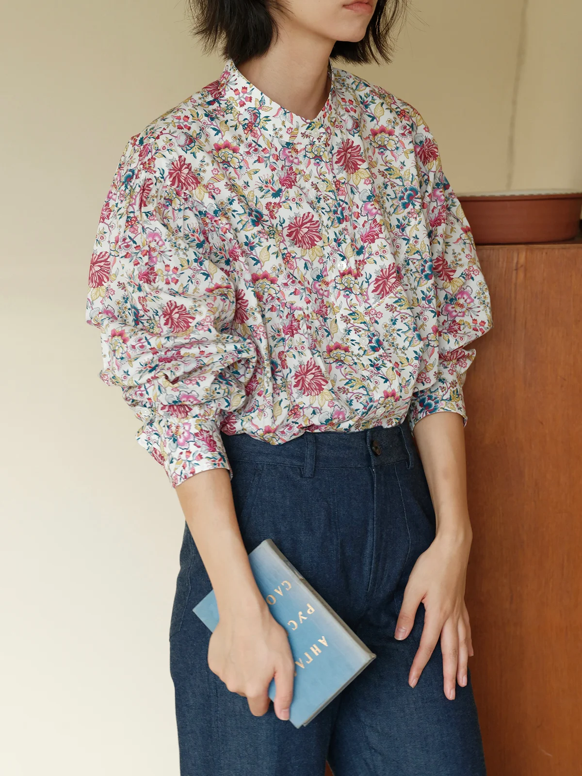 

Женская свободная рубашка из чистого хлопка с длинным рукавом, принтом и воротником-стойкой, дышащая, удобная, повседневная