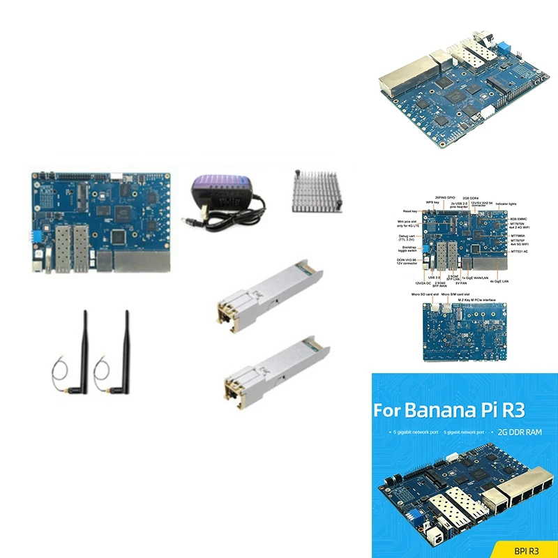 

For Banana PI BPI-R3 MT7986 2GB+8GB EMMC Development Board+2.5G Electric Port Module+Heat Sink+2Xantennas+Power Blue Set EU Plug