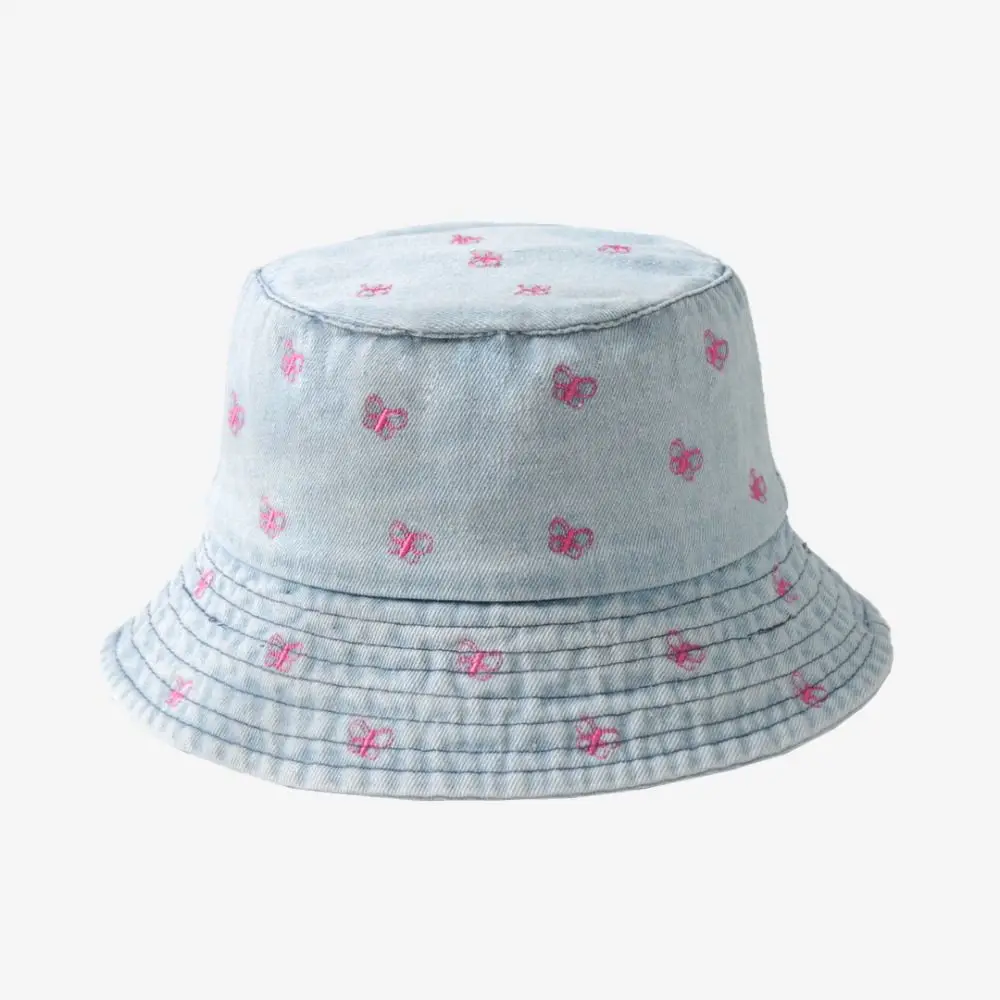Watermelon Strawberry Embroidered Denim Bucket Hat Butterfly Pattern Wide Brim Beach Hat Denim Fisherman Hat Spring and Summer