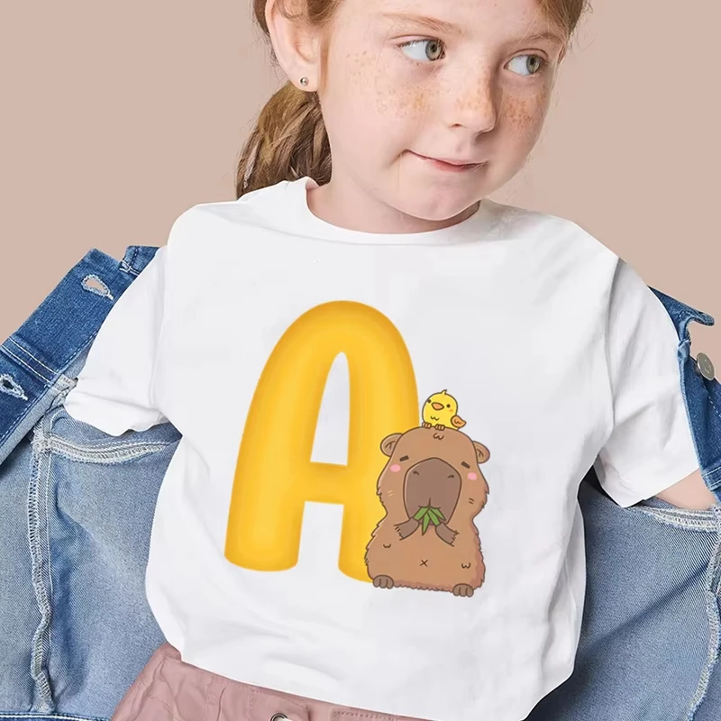 26 Alphabet Capybaras Print Kids T-shirts Fashion Casual Y2K Tops Capybara Lover Gift Cartoon Animal Letter S Girl Boy Shirt