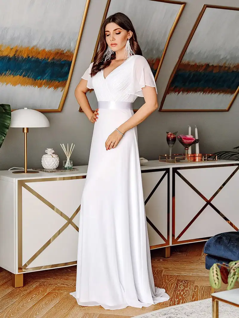 Vestido de noche elegante Glamorous Doble cuello en V Volantes Acolchado 2025 Ever Pretty of White Vestidos de dama de honor con dobladillo alto y bajo