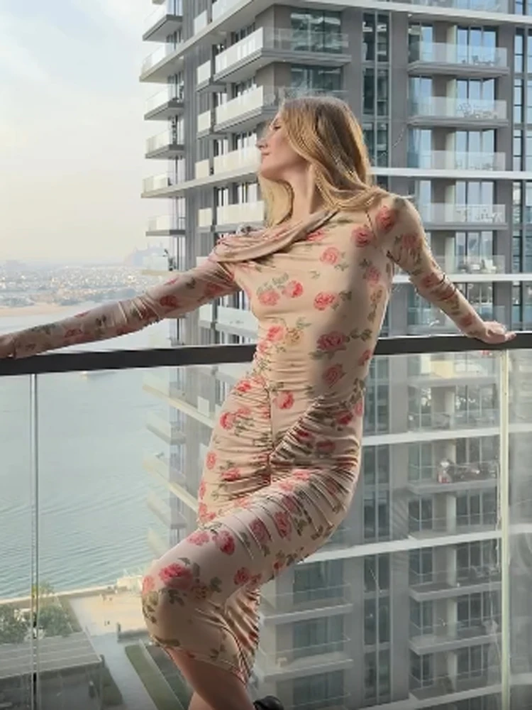 

Элегантное женское платье миди с цветочным принтом, плиссированное, с длинным рукавом, скошенным воротником, открытыми плечами, приталенное, для вечеринок, коллекция 2026