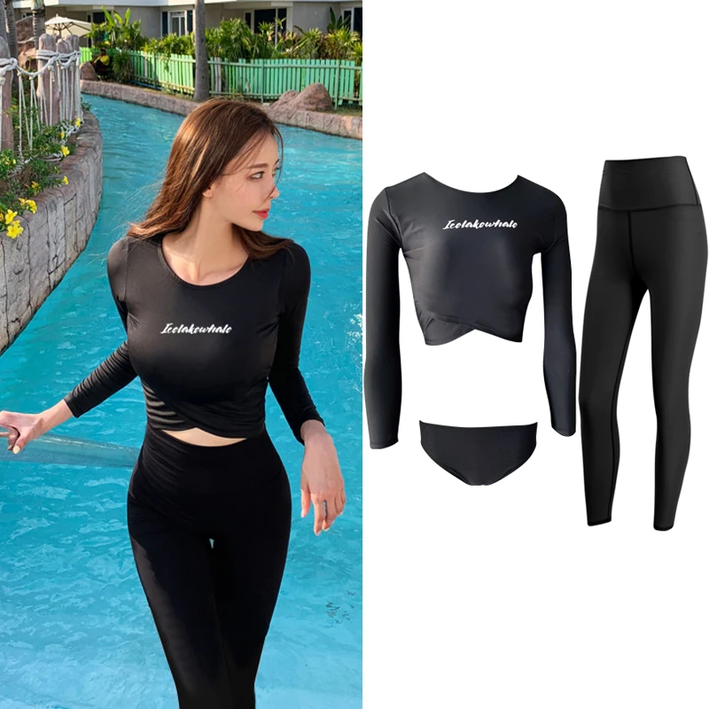 wisuwore Korean Long Sleeve Rash Guard Women Solid 3 Pieces Swimsuit Swimwear Surfing Suit Bathing Suit Black Long Pant