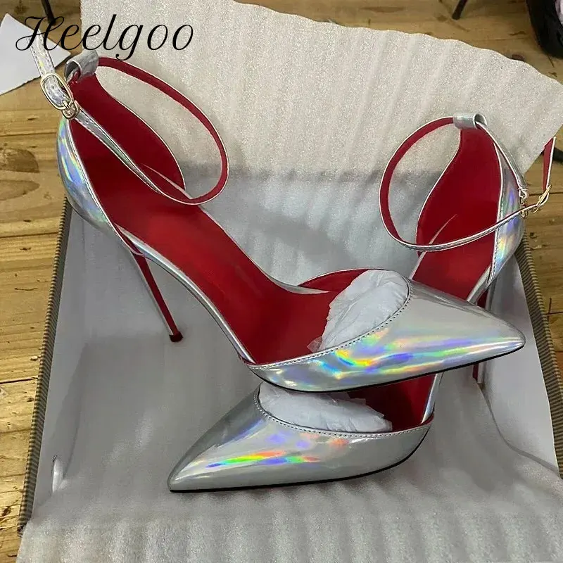 

Women Shiny Silver Patent Sexy Red inside Stiletto Pumps Ankle Strap Pointed Toe Shallow High Heels for Evening Events Parties