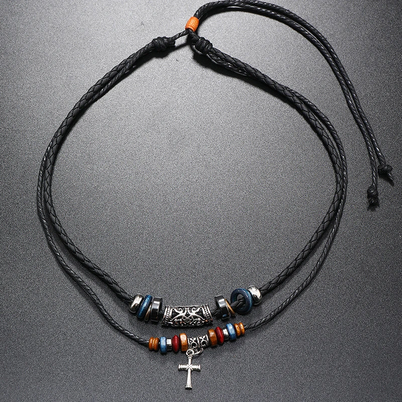 Vintage Brown Leather with Wood Beads Choker Necklace for Men Vintage Leaf/Flower/Arrow Pendant Accessories Jewelry Male Gift