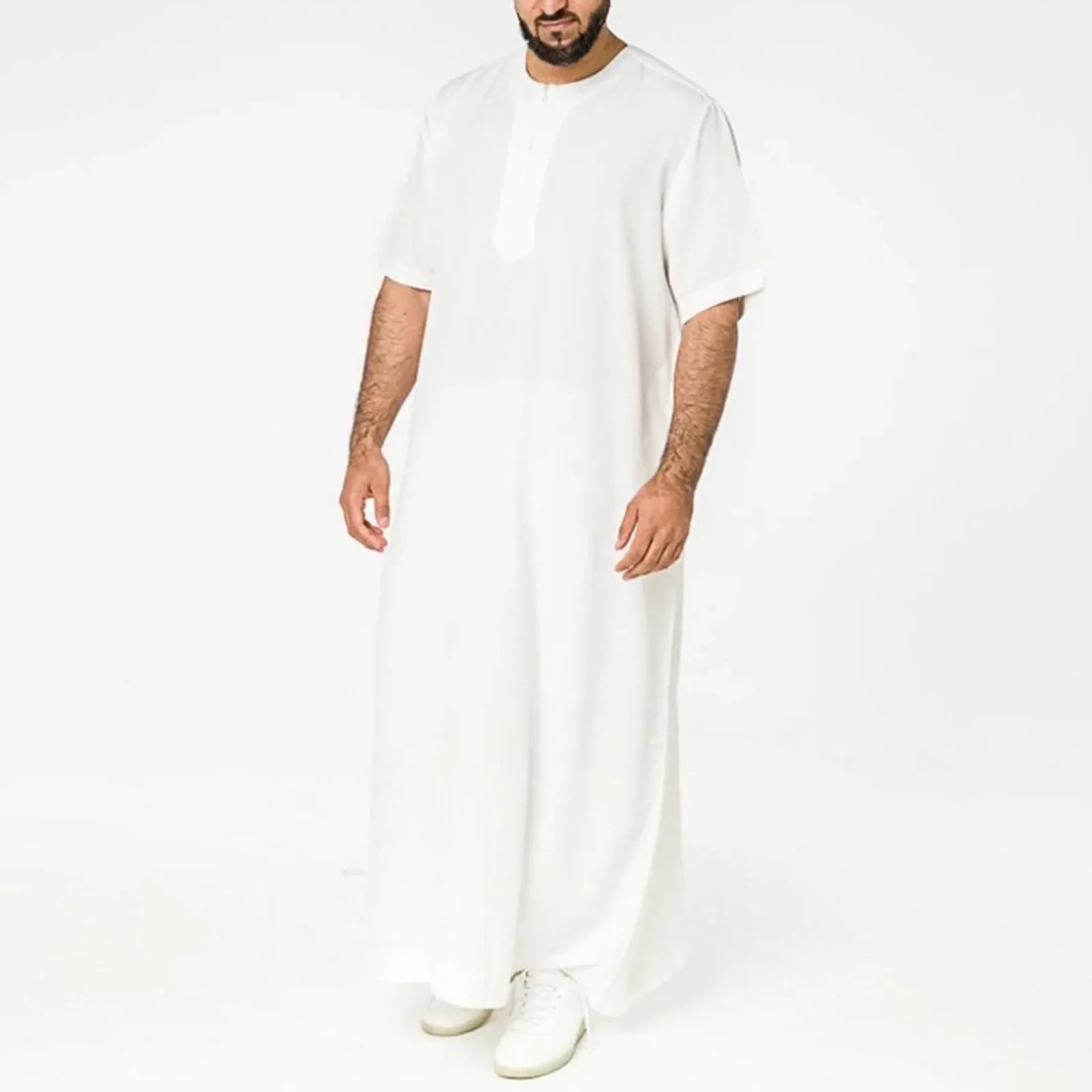 Mens Arab Muslim Long Robe Shirt Casual Loose Long Sleeves Male Pocket Kaftan Robe Cotton Linen Button Plain Robes Plus Size