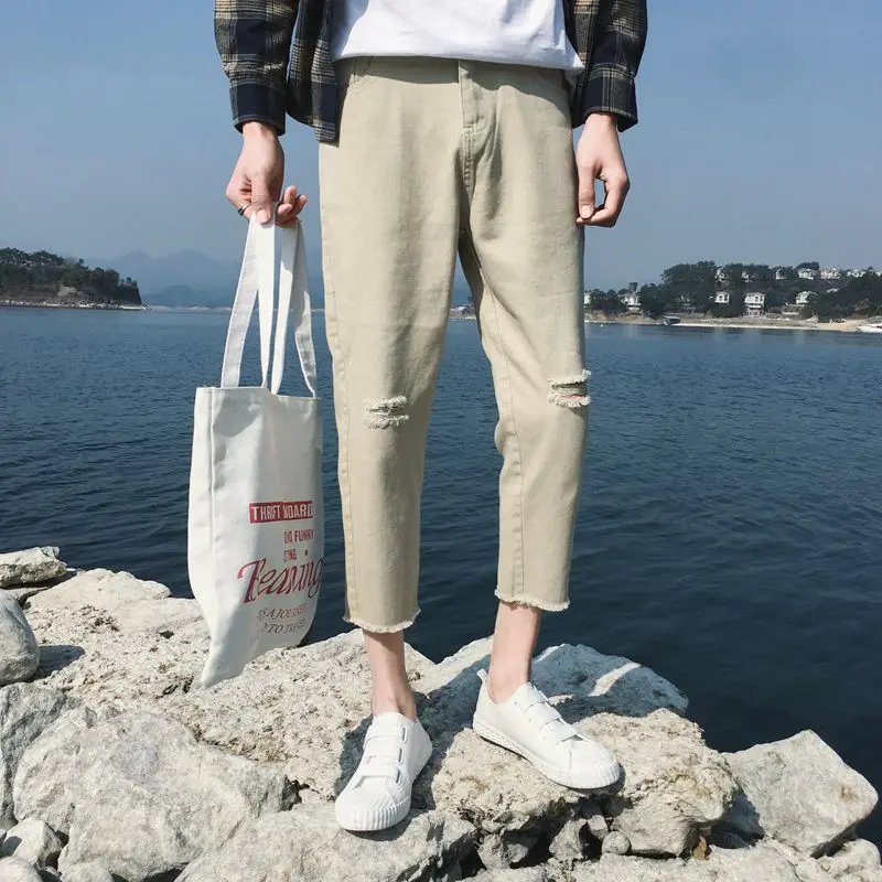 

Hong Kong Style Loose Men's Jeans Korean Version Casual Student BF Style Eighteen Inches Casual Pants mid Waist Zipper