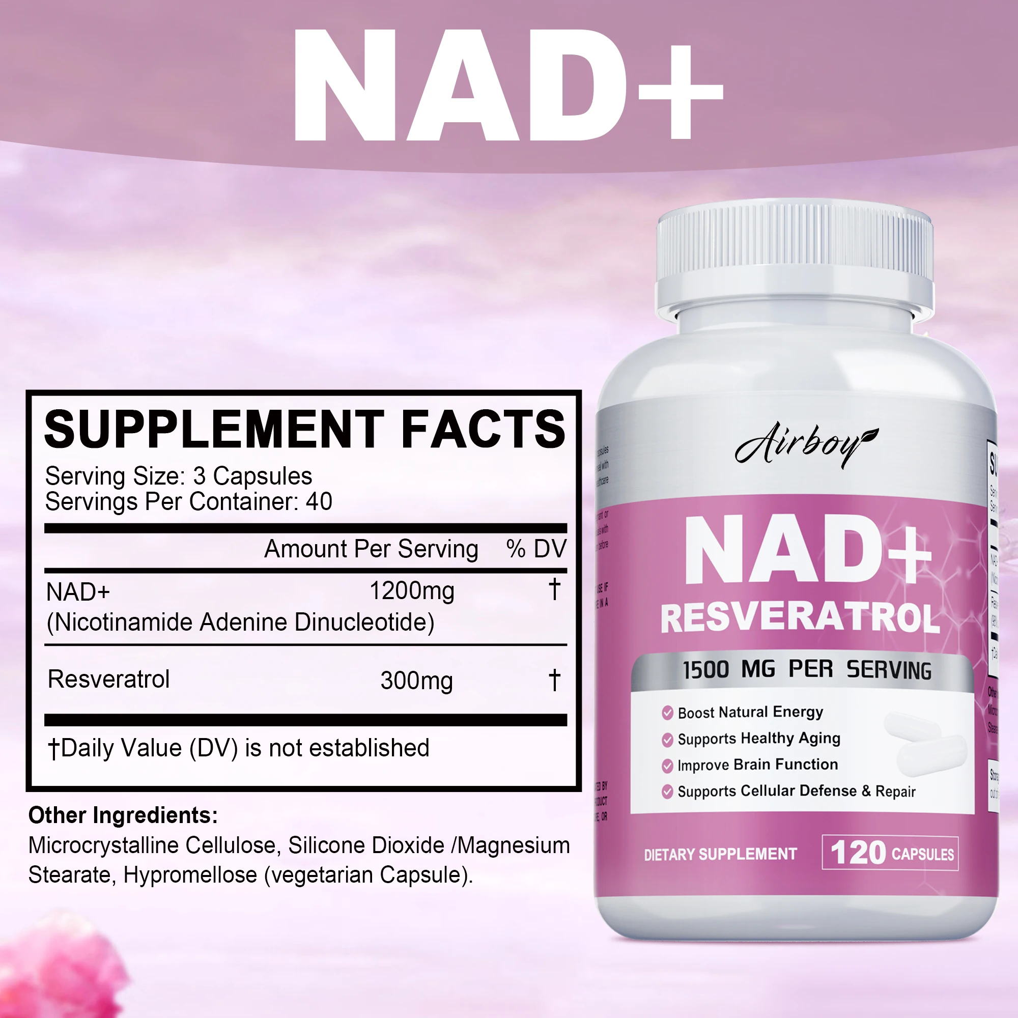 مكملات NAD+ ريسفيراترول - الطاقة الطبيعية، الصحة المضادة للشيخوخة والخلوية، تقوية الجهاز المناعي - 120 كبسولة ﻿