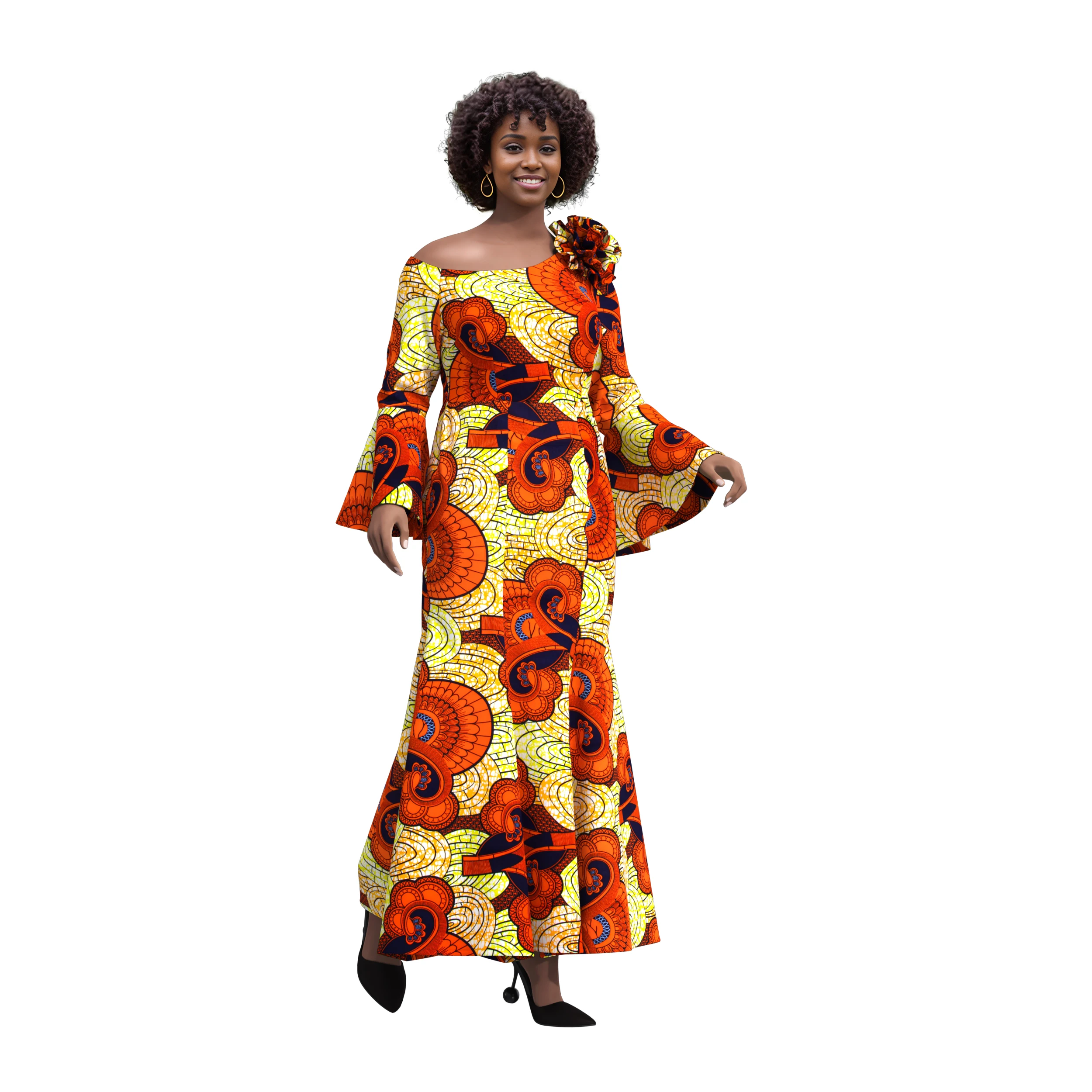 

Women African Wax Print One Shoulder Ruffle Decor Long Dress Bell Sleeve Mermaid Dress Wedding Guest Banquet Cultural Outfit