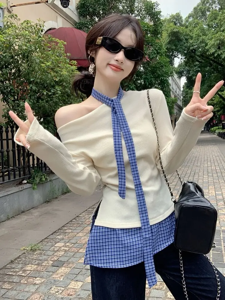 

Длинная футболка Pure Desire Sweet Spicy в клетку, женская облегающая футболка, красивый весенний новый одинаковый топ Sle Dopane