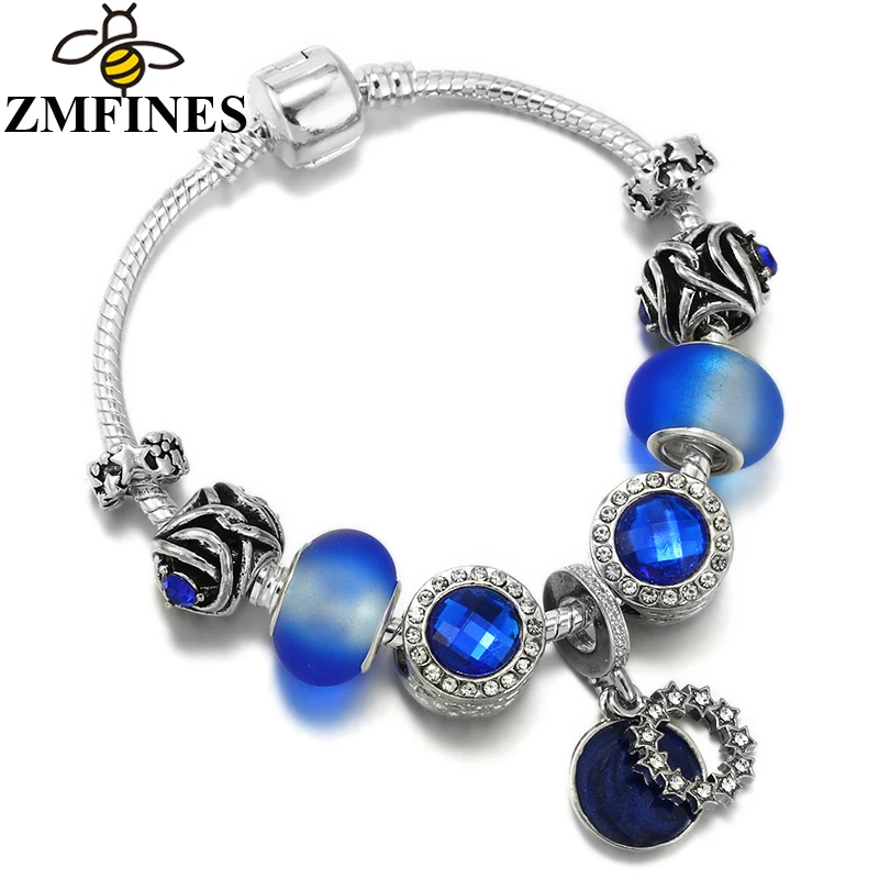 Dark Blue Crystal Beads Pendant DIY Snake Chain Original Charm Bracelet For Women Lover Party High Quality Jewelry Dropshipping