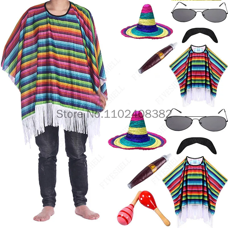 Mexican Shawl Halloween Cloak Cosplay Prom Party Festival Mexican Hat Sunglasses Smoke Pipe Adult Children\'s Stripe Cloak 6-PCS