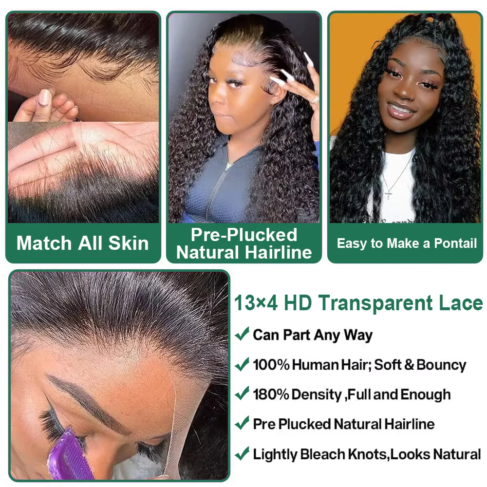 13x4 Deep Wave Lace Front Wigs Human Hair 180 Density Deep Wave Frontal Wigs Human Hair Curly Wigs for Black Women Pre Plucked