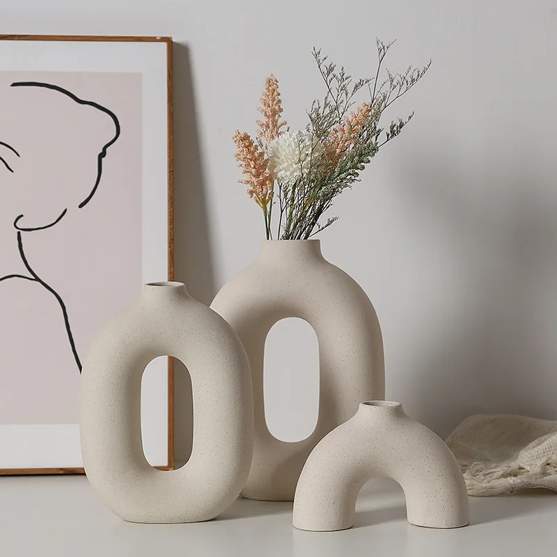 

Gray simple ceramic vase water-raising Nordic modern creative home living room dining table dried flower arrangement decoration