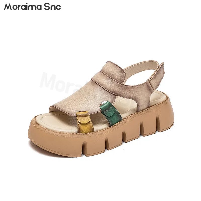 

Genuine Leather Hollow Casual Sandals Round Toe Thick Sole Fashionable Breathable Sandals Comfortable Casual Women's Shoes