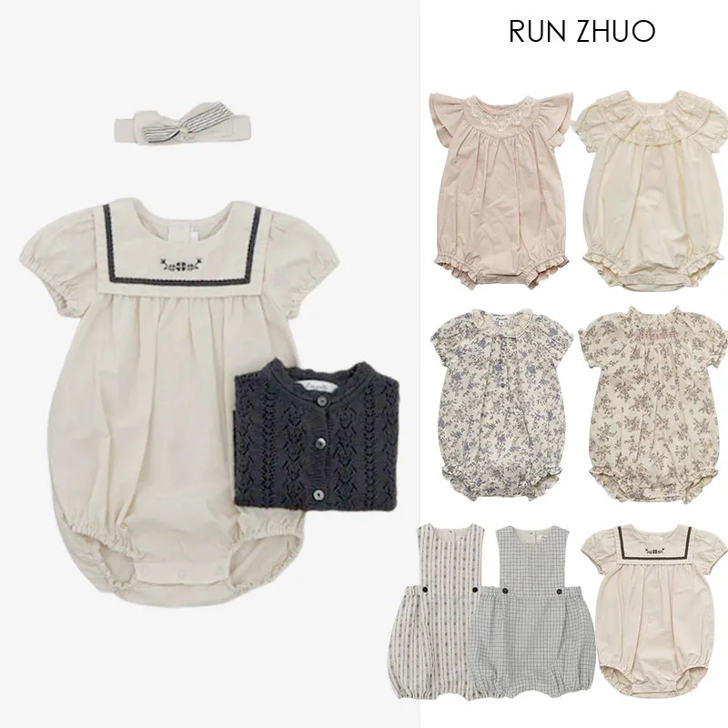 

Baby Girls Romper Set Floral/Plain Sailor Collar Puff Sleeve Bodysuit + Headband/Cardigan 0-3Y