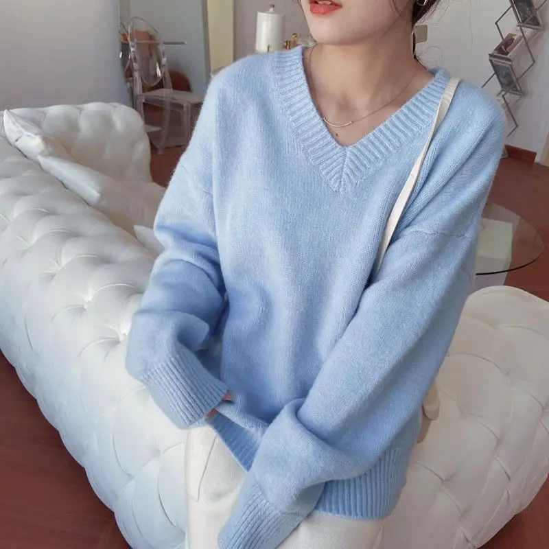 Solidny sweter z dekoltem w szpic z długim rękawem Sweter z dzianiny Elegancka moda Harajuku Slim Fit Odzież damska Luźne Casualowe Wszystkie Dopasowane Topy
