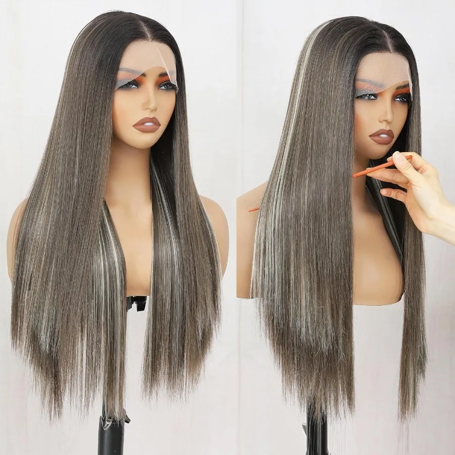 باروكة أمامية من الدانتيل الصناعي مقاس 13 × 4 × 1 بوصة للمظهر الطبيعي 24 بوصة باروكات أمامية مستقيمة رخيصة الثمن مع خط شعر مسبق النتف مثالي لـ #5