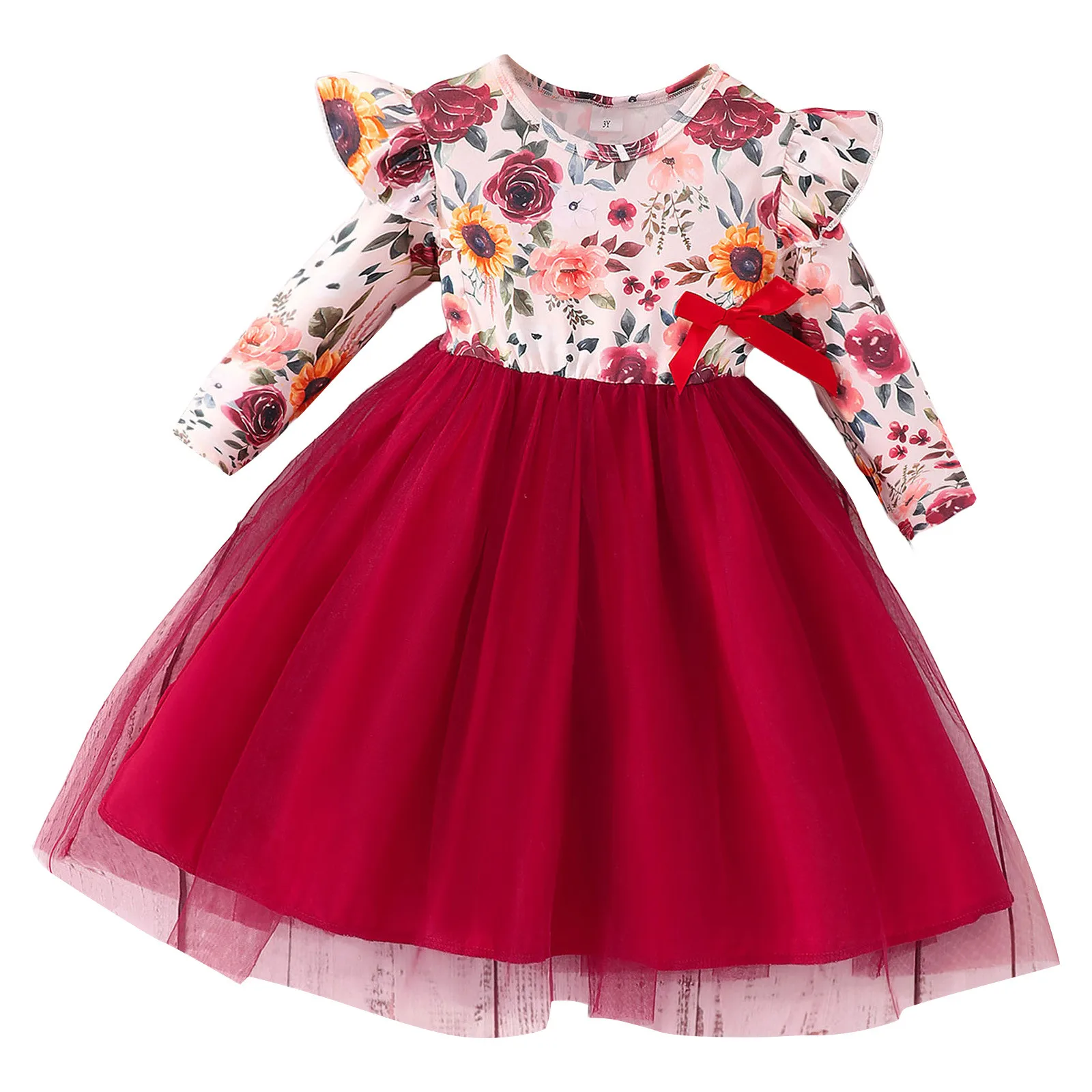 Kids Floral Print Dresses For Girls 2-7Y Patchwork Tulle Princess Dress Party Evening Tutu Dress Autumn Winter Children Clothes