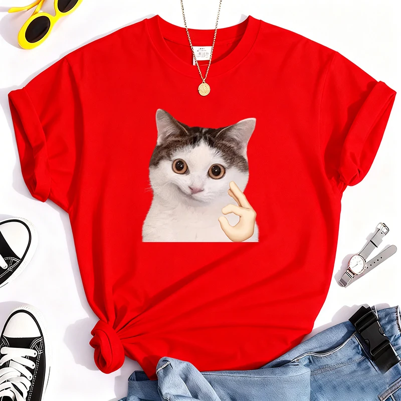 تي شيرت 100% من القطن الخالص مطبوع عليه قطة مضحكة برقبة دائرية، قميص كاجوال بأكمام قصيرة كل يوم لجميع المواسم، ملابس نسائية