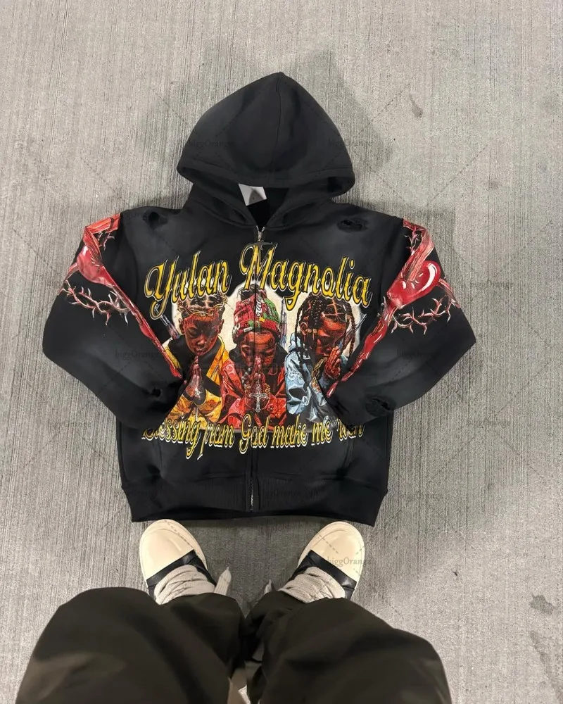 2025 Trendy Brand Hip-hop Punk Streetwear Gothic Harajuku Retro Zipper Hoodie Men High Street Punk Casual Oversized Sweatshirt