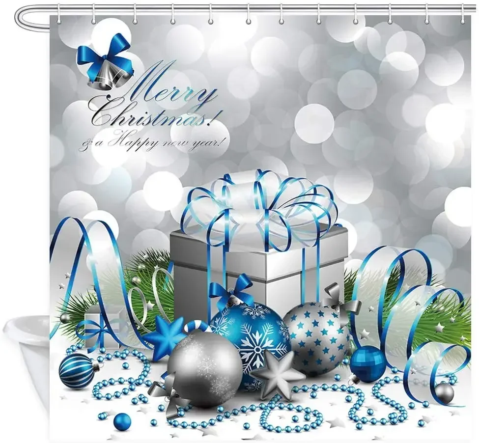 Happy Merry Christmas Silver and Blue Xmas Ball and Gift Box for New Year Bath Curtains