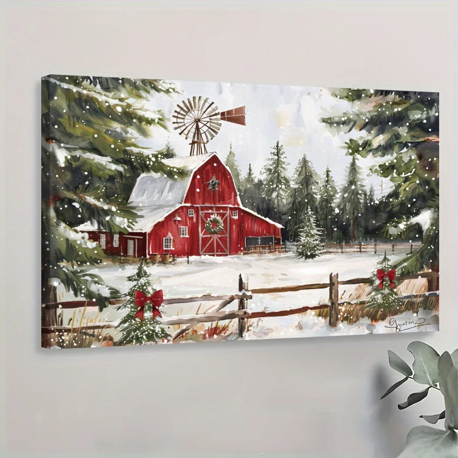 Póster de Granero rojo rústico de Navidad, pintura en lienzo para dormitorio, sala de estar, pasillo, regalo Ideal, decoración de pared, decoración de invierno, 1 ud.