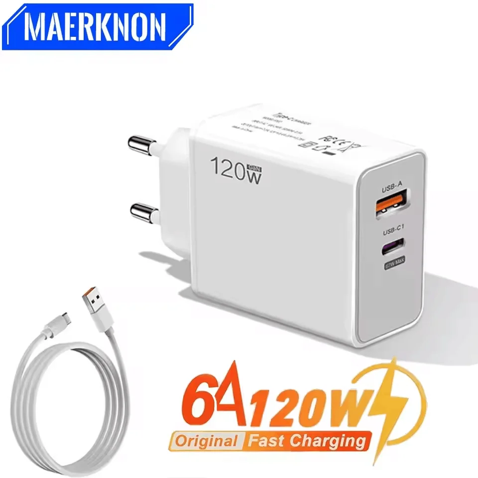 Cargador USB GaN de 120W QC3.0, adaptador de carga rápida para teléfono, Cable tipo C para iPhone, Samsung, Xiaomi, cargador de pared con enchufe para UE/EE. UU./Reino Unido