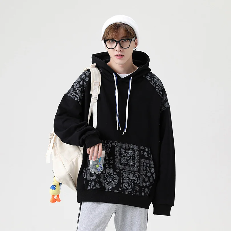 

Bandana Hoodies Men Cotton Harajuku Patchwork Oversize Sweatshirt Paired Jumpers Streetwear Hip Hop Spring Pullovers Women Z1