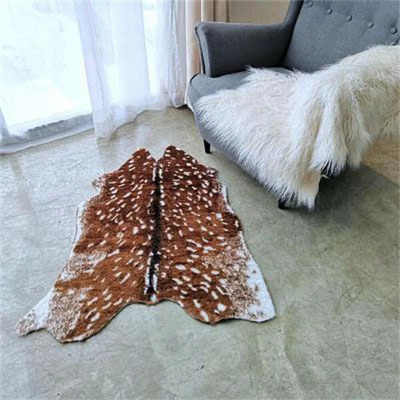 Sika Deer Skin Area Floor Rug Imitation Animal Skin Pelt Pattern Handmade Velvet Imitation Leather Floor Area Carpert