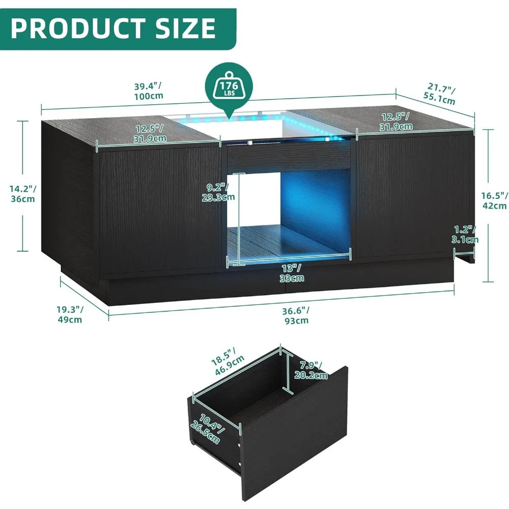 Table basse avec rangement avec lumières LED, 2 niveaux et 2 portes de proximité, grandes tables avec ports USB et Type-C, table basse