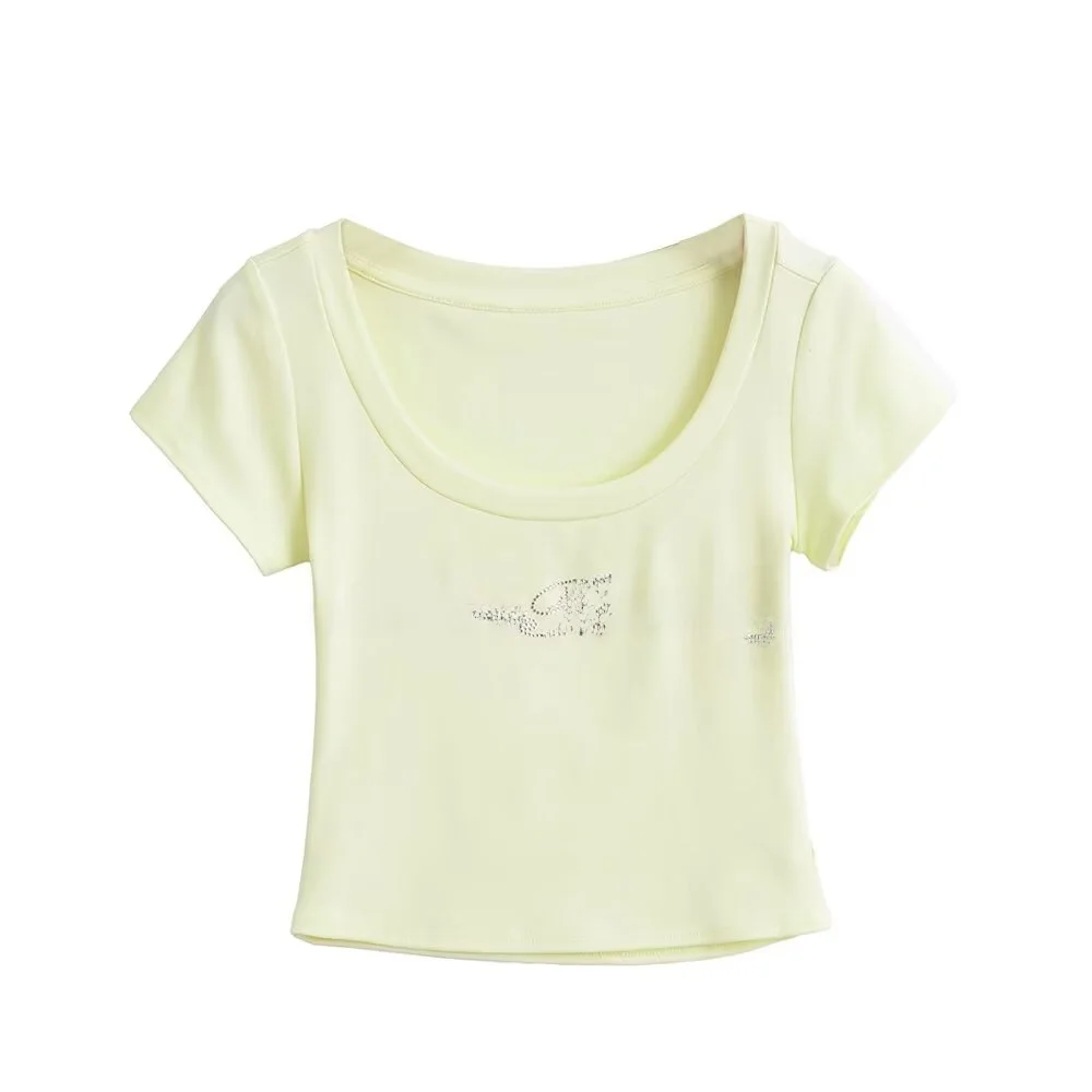 미국 스트리트 스타일 달콤하고 매운 여성용 반팔 티셔츠 슬림핏 여름 개성 레터링 라인스톤 큰 칼라 숏 크롭탑