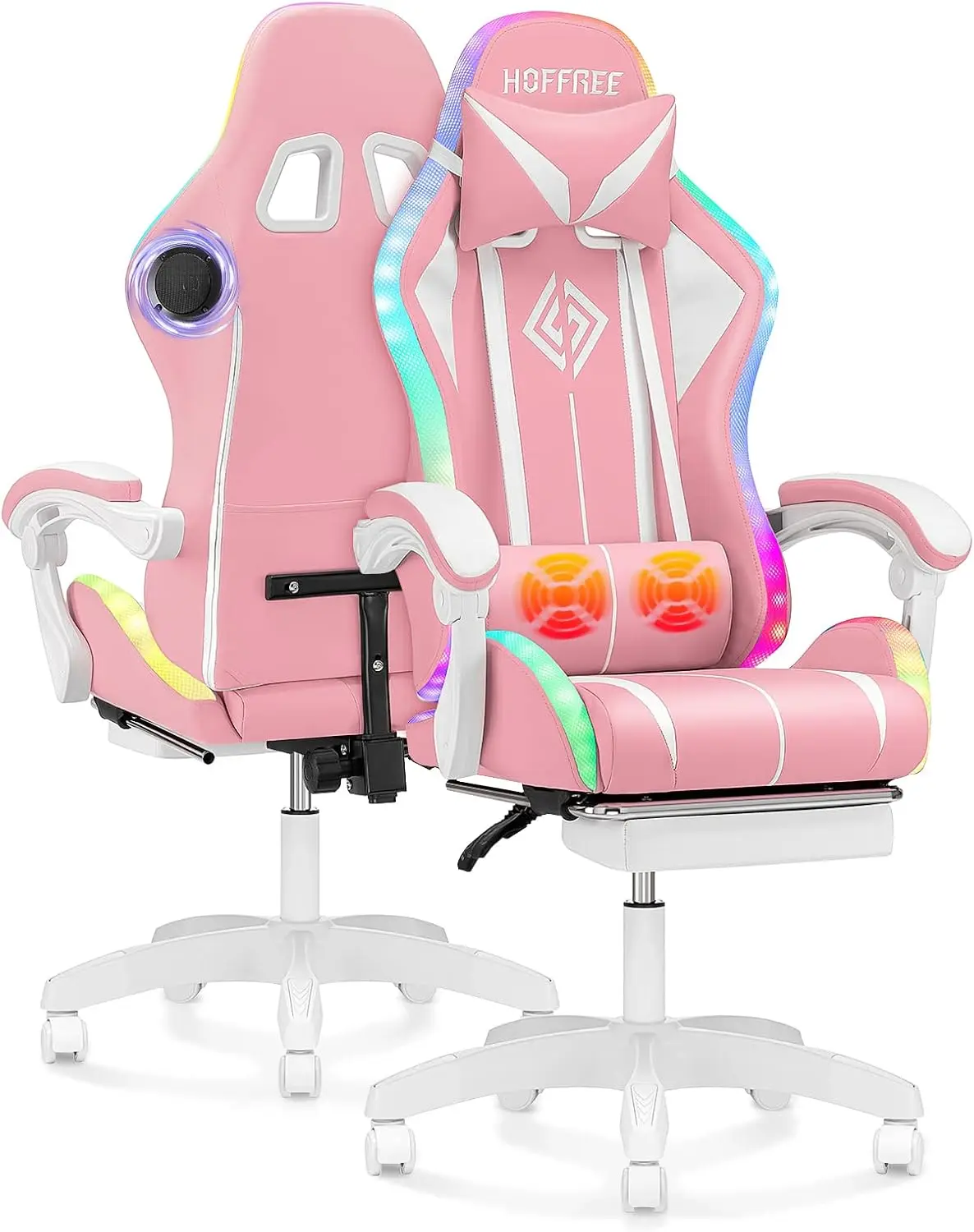 

Computer Gaming Chair Pink with Bluetooth Speakers and RGB LED Lights for Girls Massage Chair with Footrest Cute Video