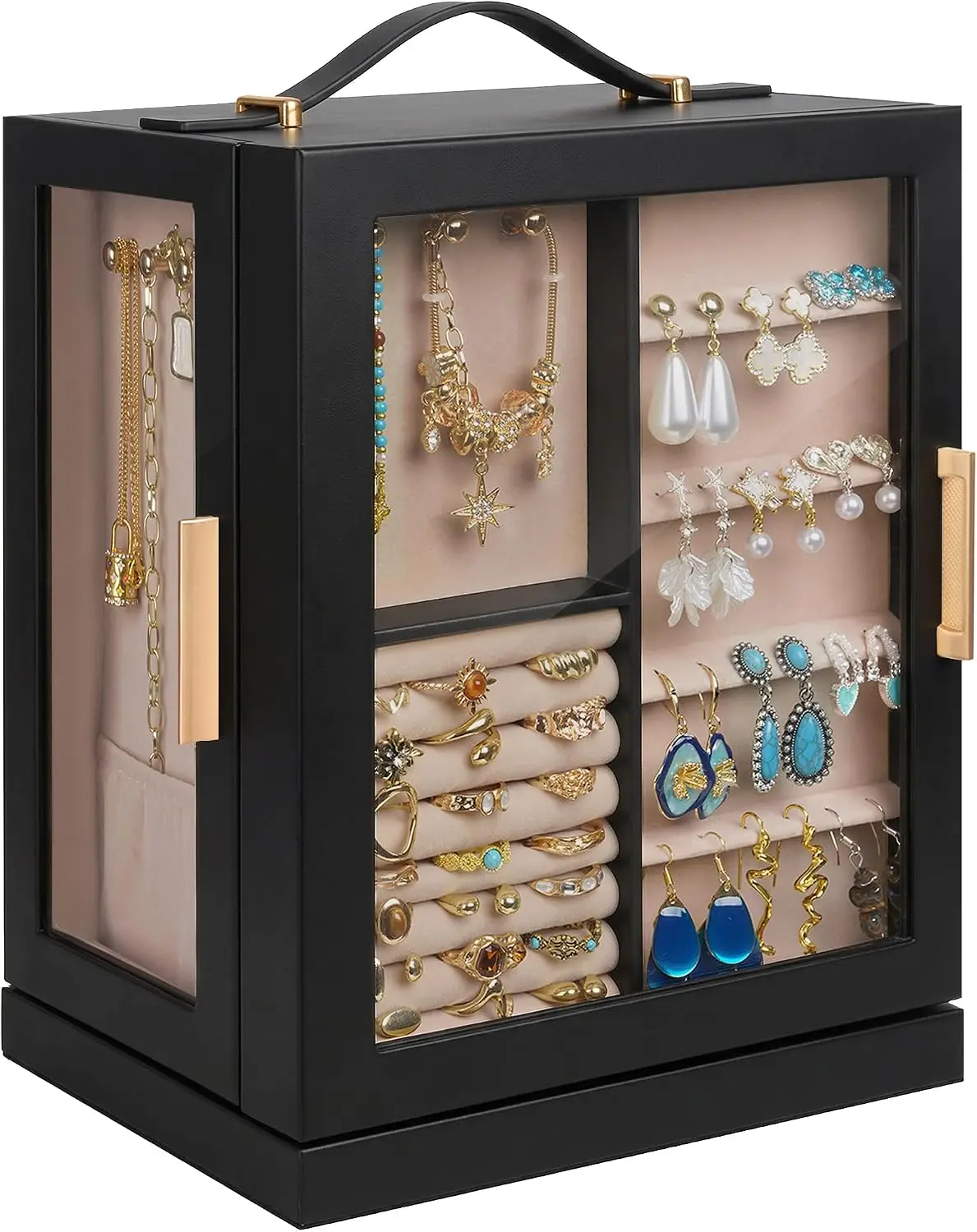 360 Rotating 5Drawers Jewelry Box with Top Handle & Glass Window, Spacious Vertical Jewelry Organizer, Jewelry Storage Case, Dustproof & Moistureresistant Design, Black