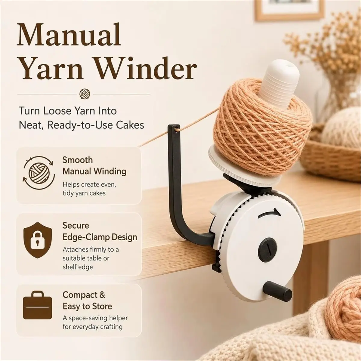 Hand-Cranked Yarn Winder - A Compact, Portable Tool for Winding Yarn Balls From , Skeins, or Loose Bundles.