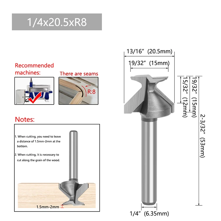 LAVIE 1 Stück 1/4 1/2 6,35mm Schaft Bogenförmiger Integrierter Fräser 2 Kanten, 3 Kanten mit Naht Holzbearbeitungsfräser Schneidwerkzeug – Detail 2