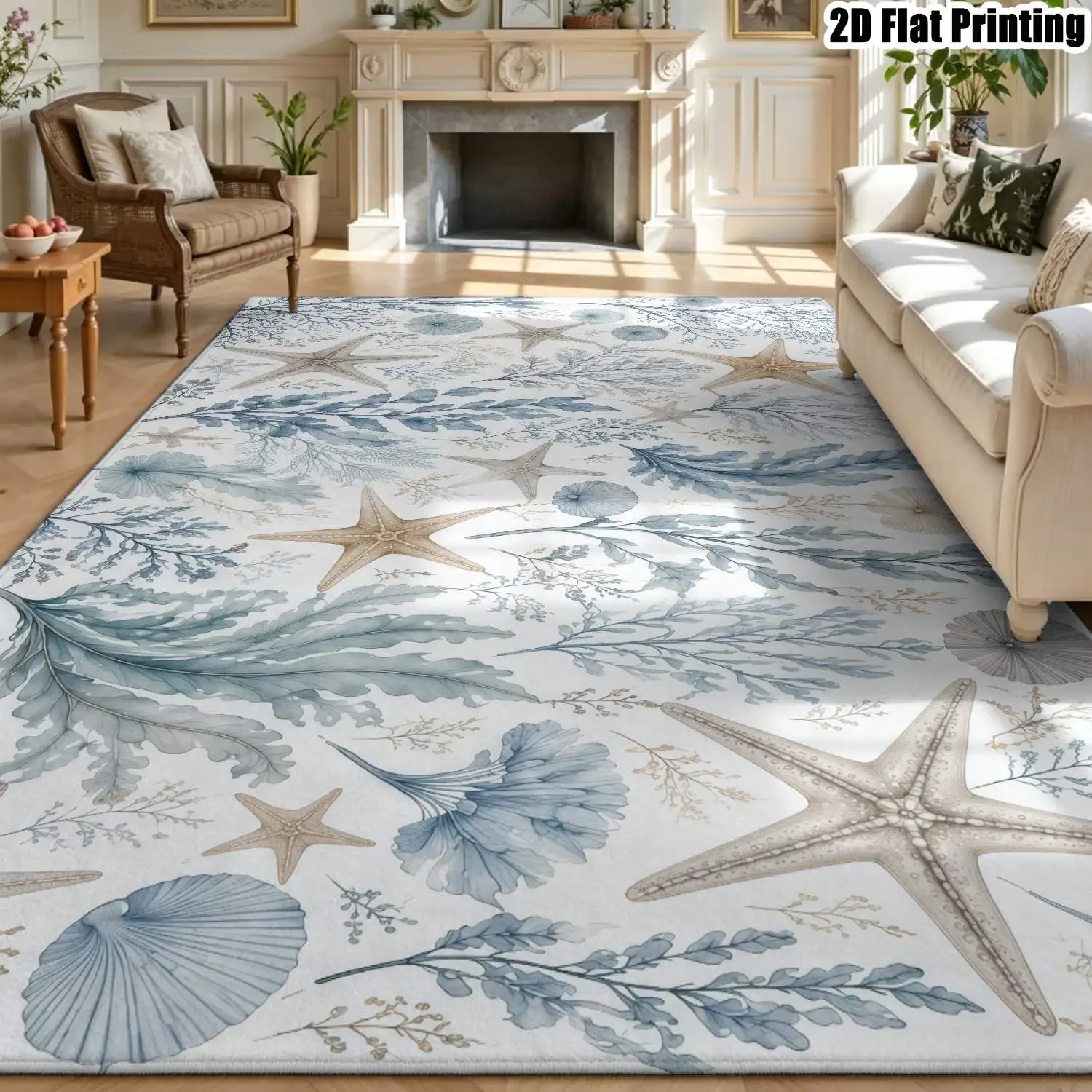 1Pc 2D Printed Carpet: Blue & White Marine Life Pattern, Nordic/Instagram/Modern Minimalist/European/Vintage Style, Home Decor Floor Mat, Multi-Size, Machine Washable, Ideal for Entrance, Dining, Foyer, Living Room, Bedroom