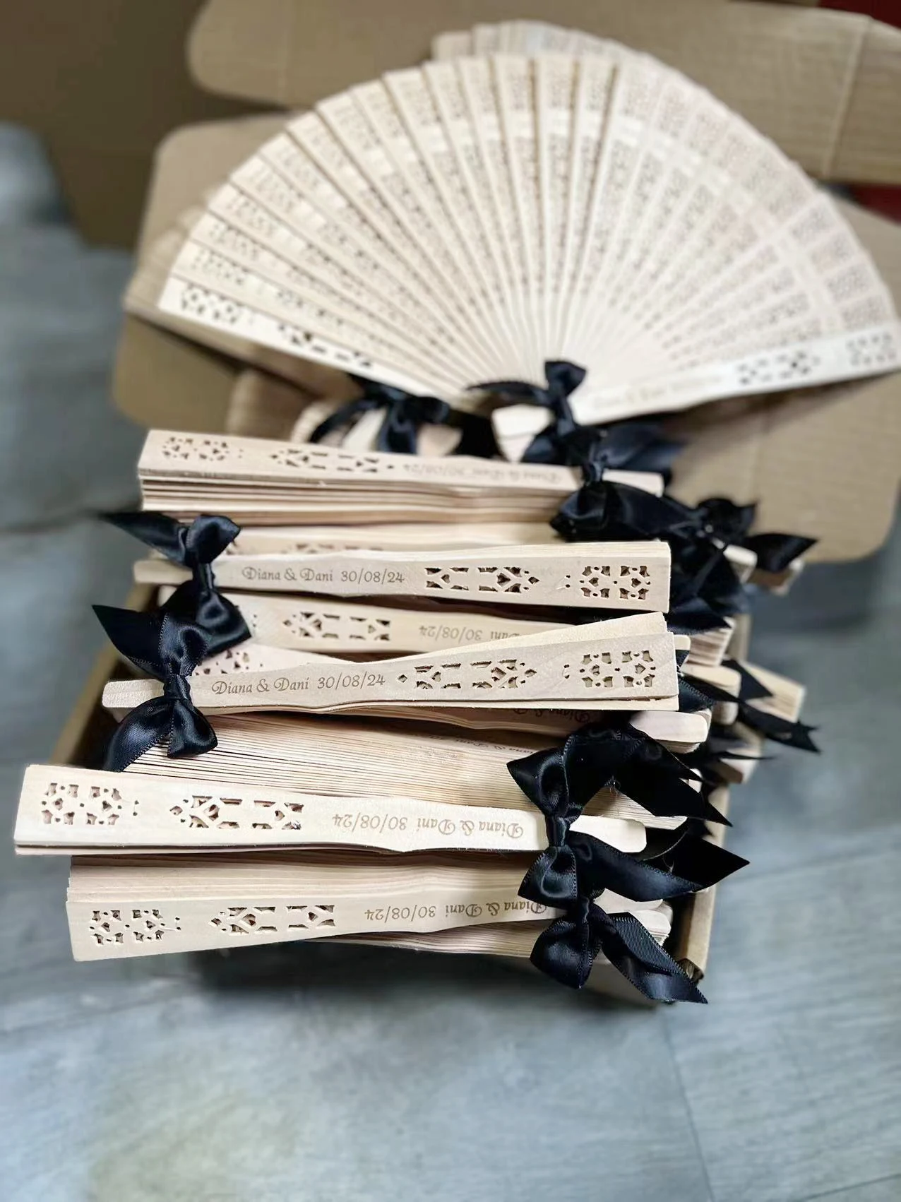 30pcs Custom Bridal Shower Hand Fans, Christening Baptism Party Gifts, Personalized Wooden Hand Fan With Black Bowknot Tassel